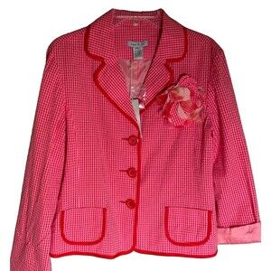 Mac & Jac Womens Blazer 12 Pink Gingham Floral Brooch Preppy Y2K Lightweight